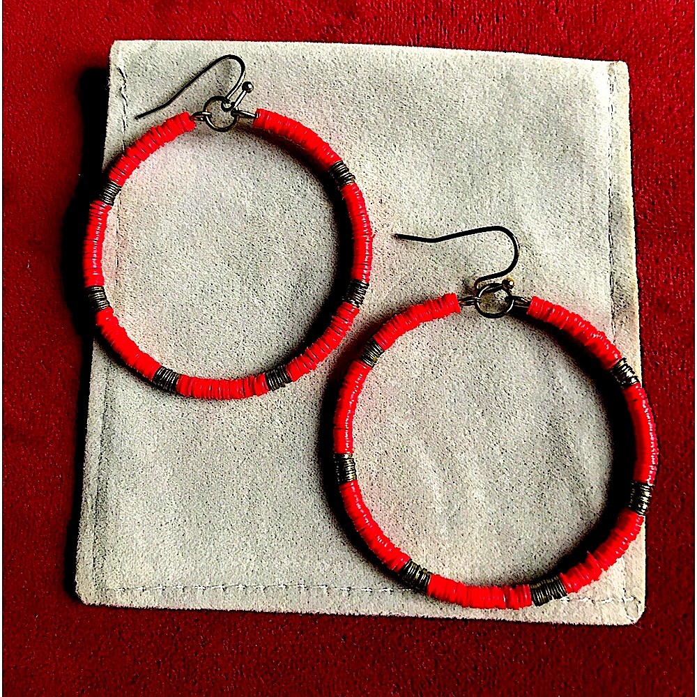 Red and Gold-tone Seen Beaded Dangling Hoop Earrings